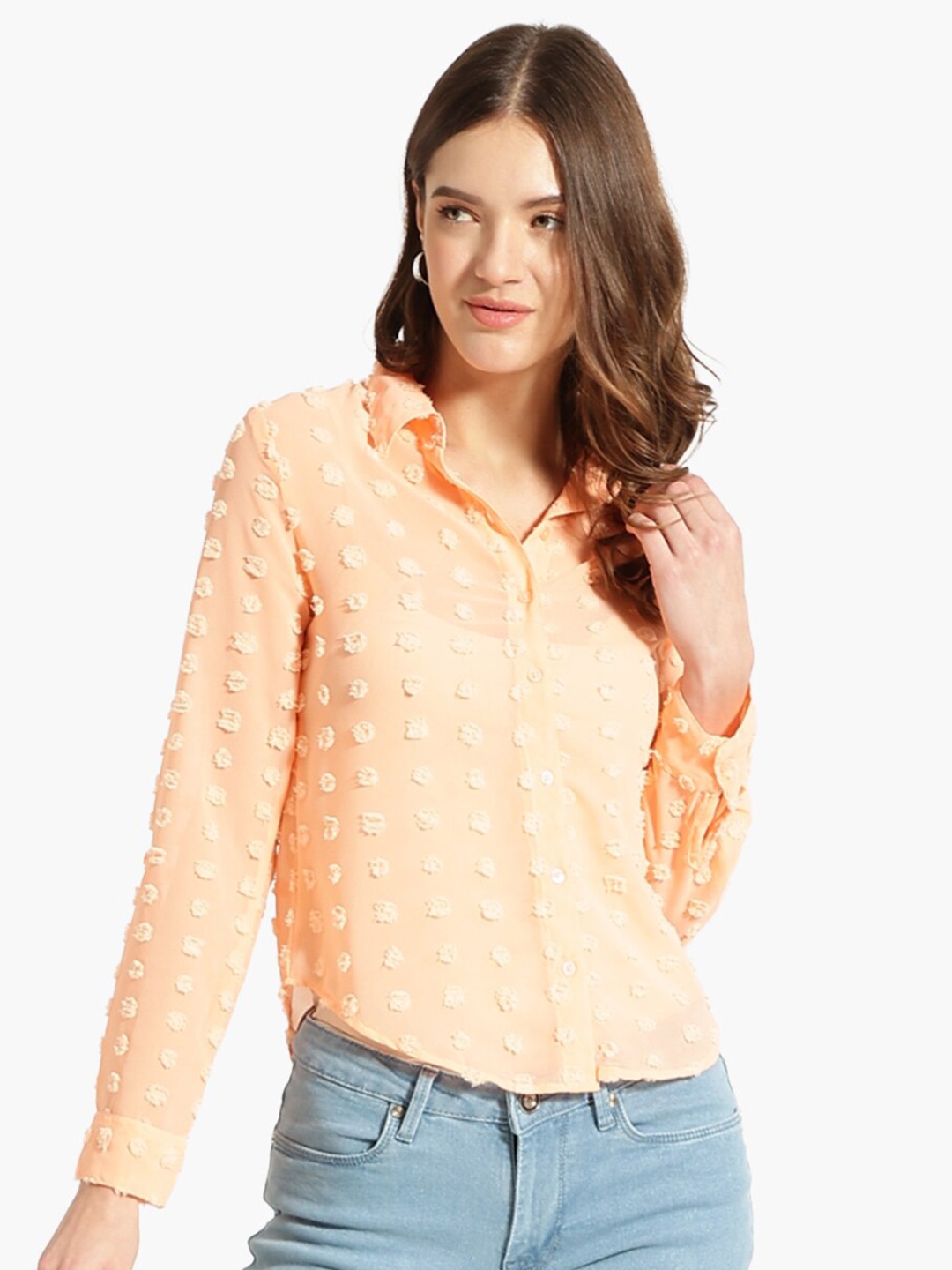 

Virgio Regular Fit Self Design Spread Collar Sheer Casual Shirt, Peach