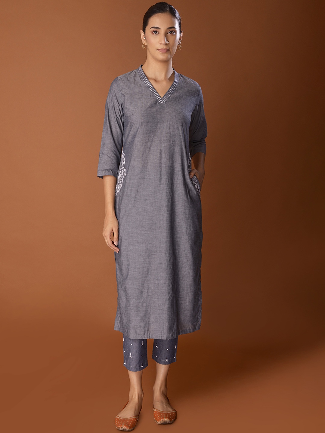 

PINKSKY Floral Embroidered Pure Cotton Kurta with Trousers, Grey