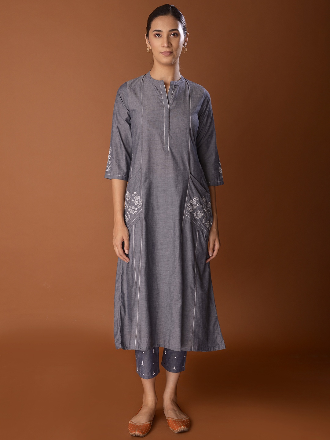 

PINKSKY Floral Embroidered Pure Cotton Kurta with Trousers, Grey