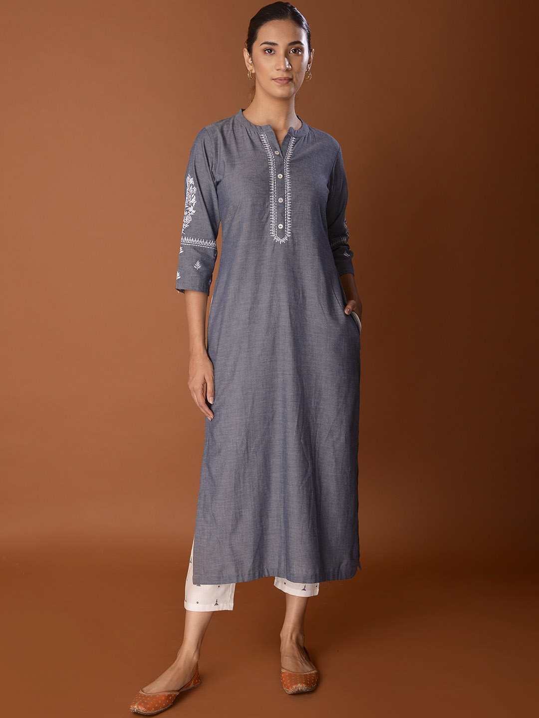 

PINKSKY Floral Embroidered Pure Cotton Kurta with Trousers, Grey