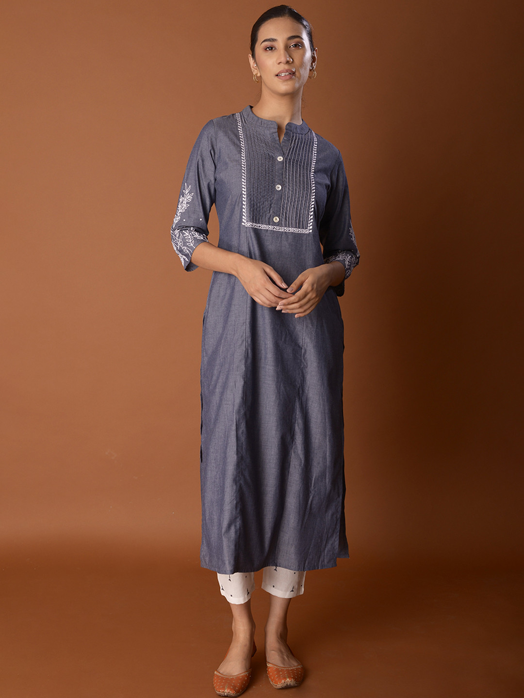 

PINKSKY Floral Embroidered Yoke Design Pure Cotton Kurta with Trousers, Grey