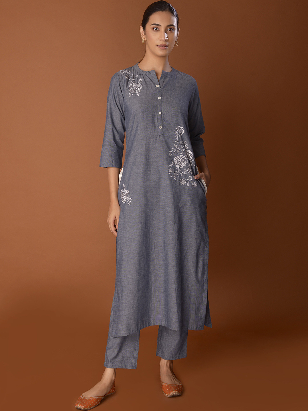 

PINKSKY Floral Embroidered Pure Cotton Kurta with Trousers, Grey