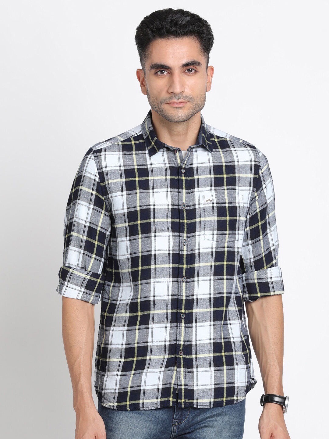 

Turtle Relaxed Slim Fit Tartan Checked Cotton Casual Shirt, White