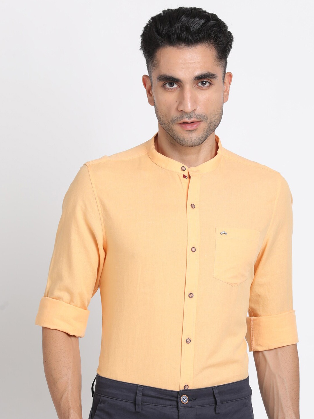 

Turtle Relaxed Slim Fit Band Collar Formal Shirt, Yellow