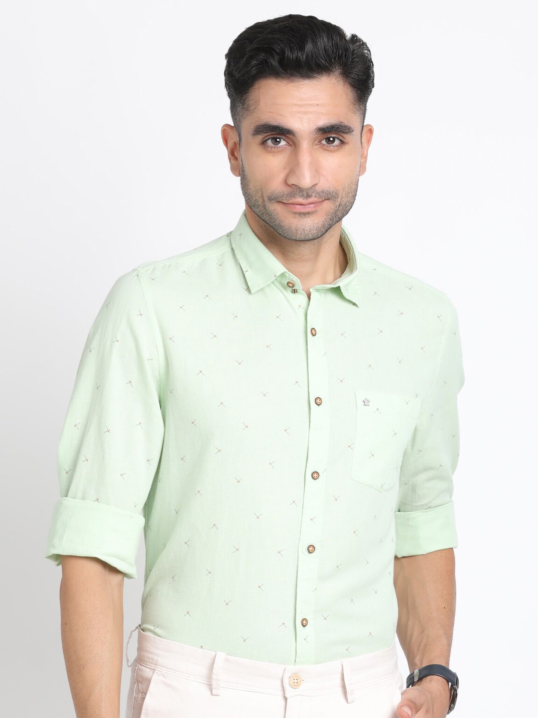 

Turtle Relaxed Slim Fit Micro Ditsy Printed Formal Shirt, Green