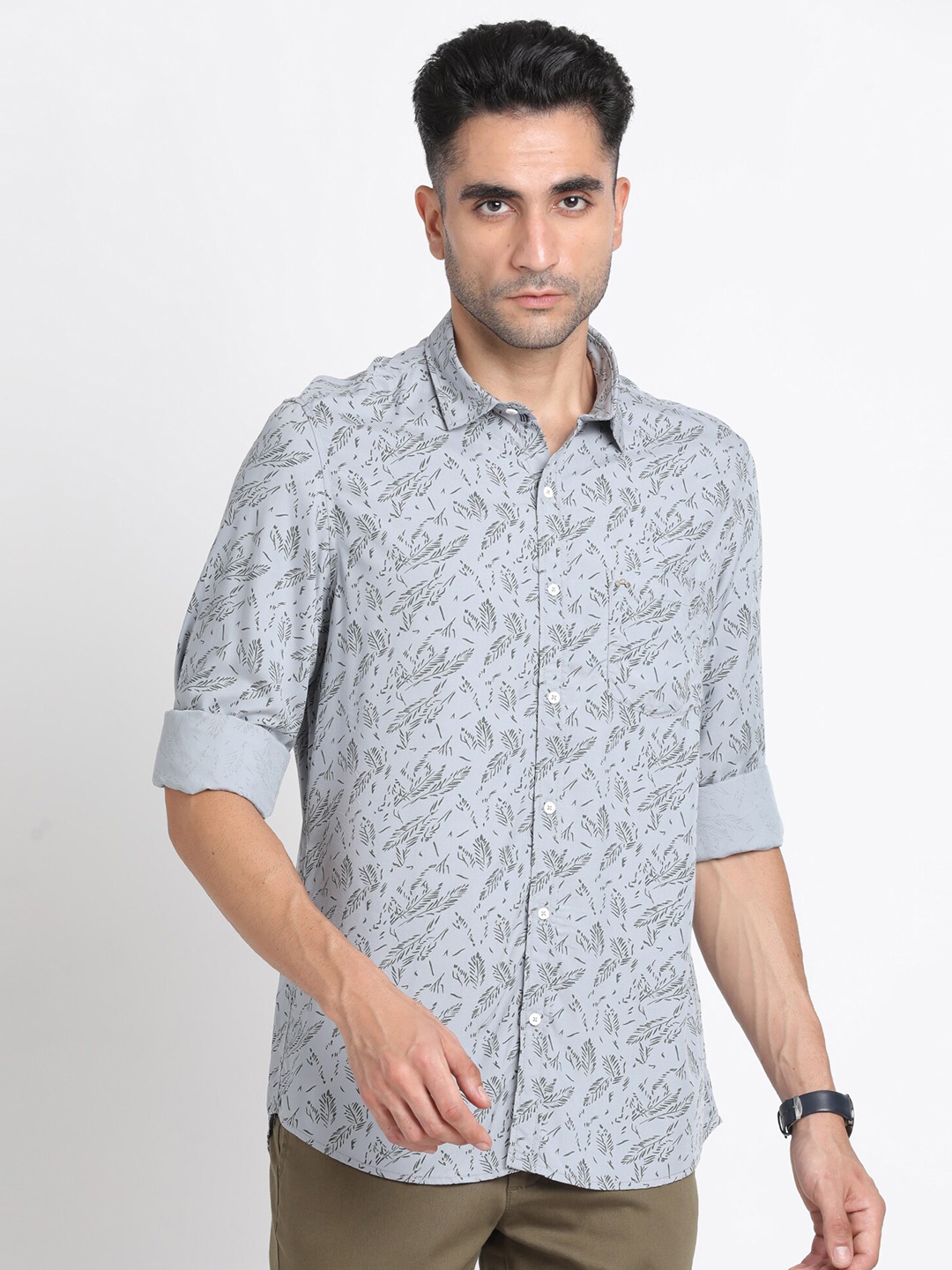 

Turtle Relaxed Slim Fit Floral Printed Casual Shirt, Grey