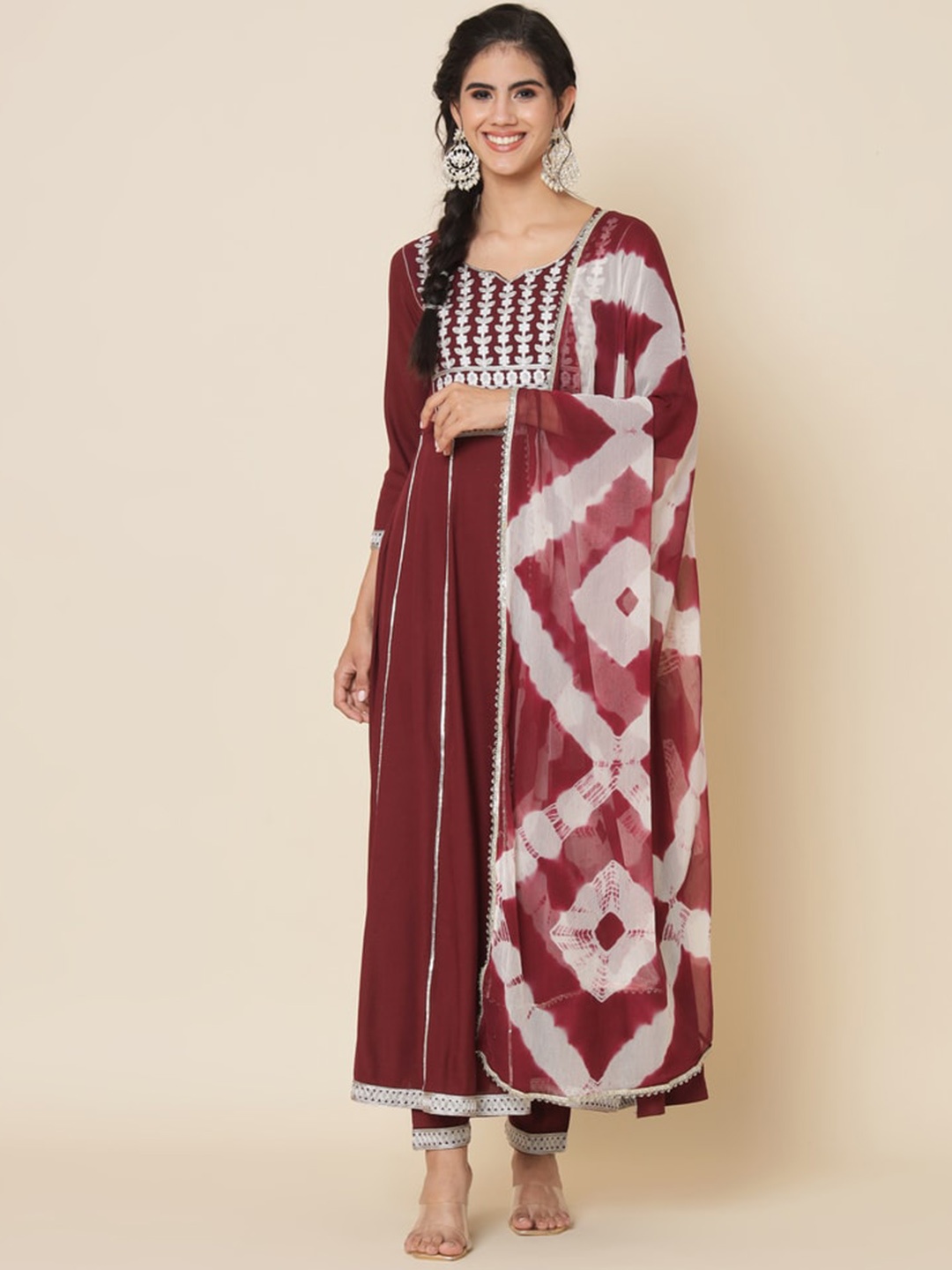 

Meeranshi Embroidered Regular Thread Work Kurta with Trousers & Dupatta, Maroon
