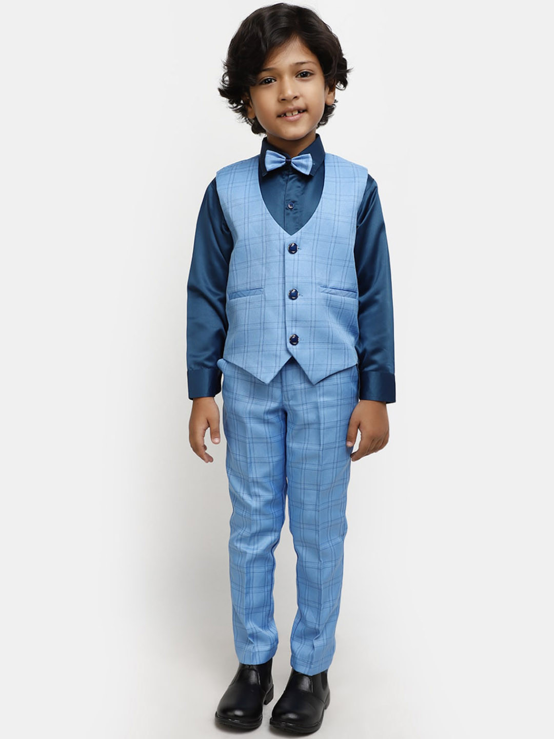 

V-Mart Boys Checked Three-Piece Cotton Party Suit, Blue