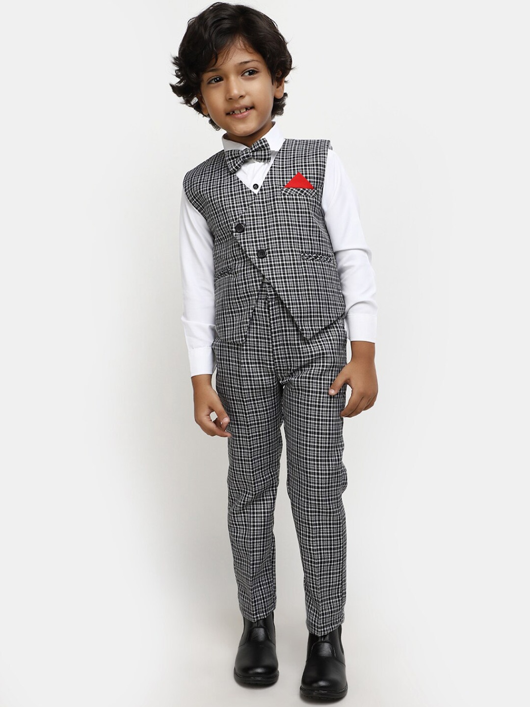 

V-Mart Boys Checked Shirt & Trousers with Waistcoat, Black