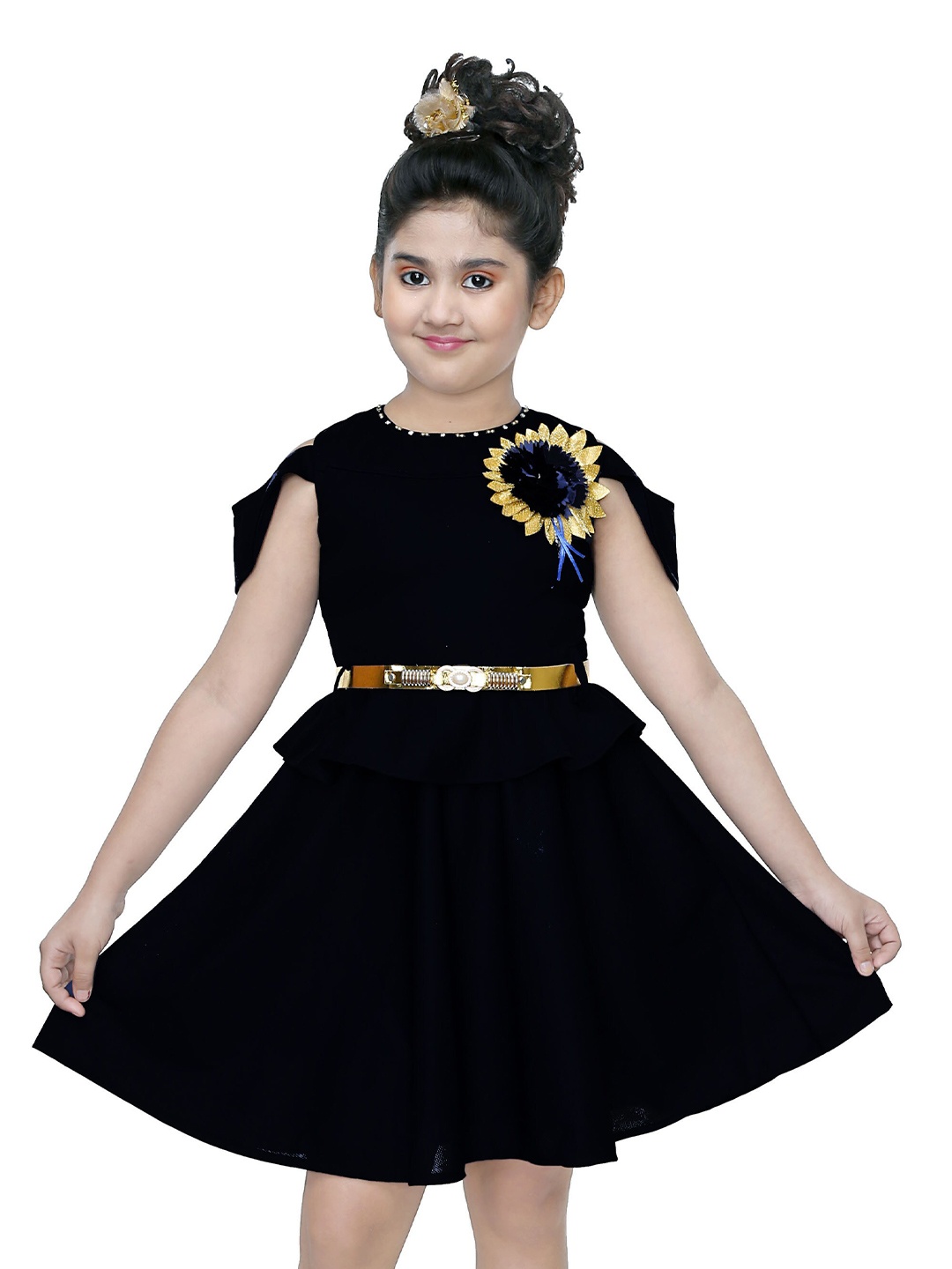 

BAESD Girls Cold-Shoulder Sleeves Applique Fit & Flare Dress With Belt, Black