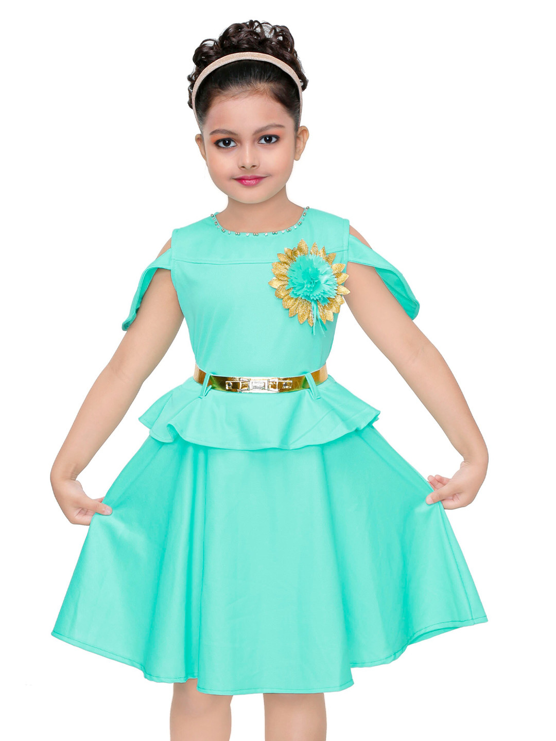 

BAESD Girls Cold-Shoulder Sleeves Applique Fit & Flare Dress With Belt, Turquoise blue