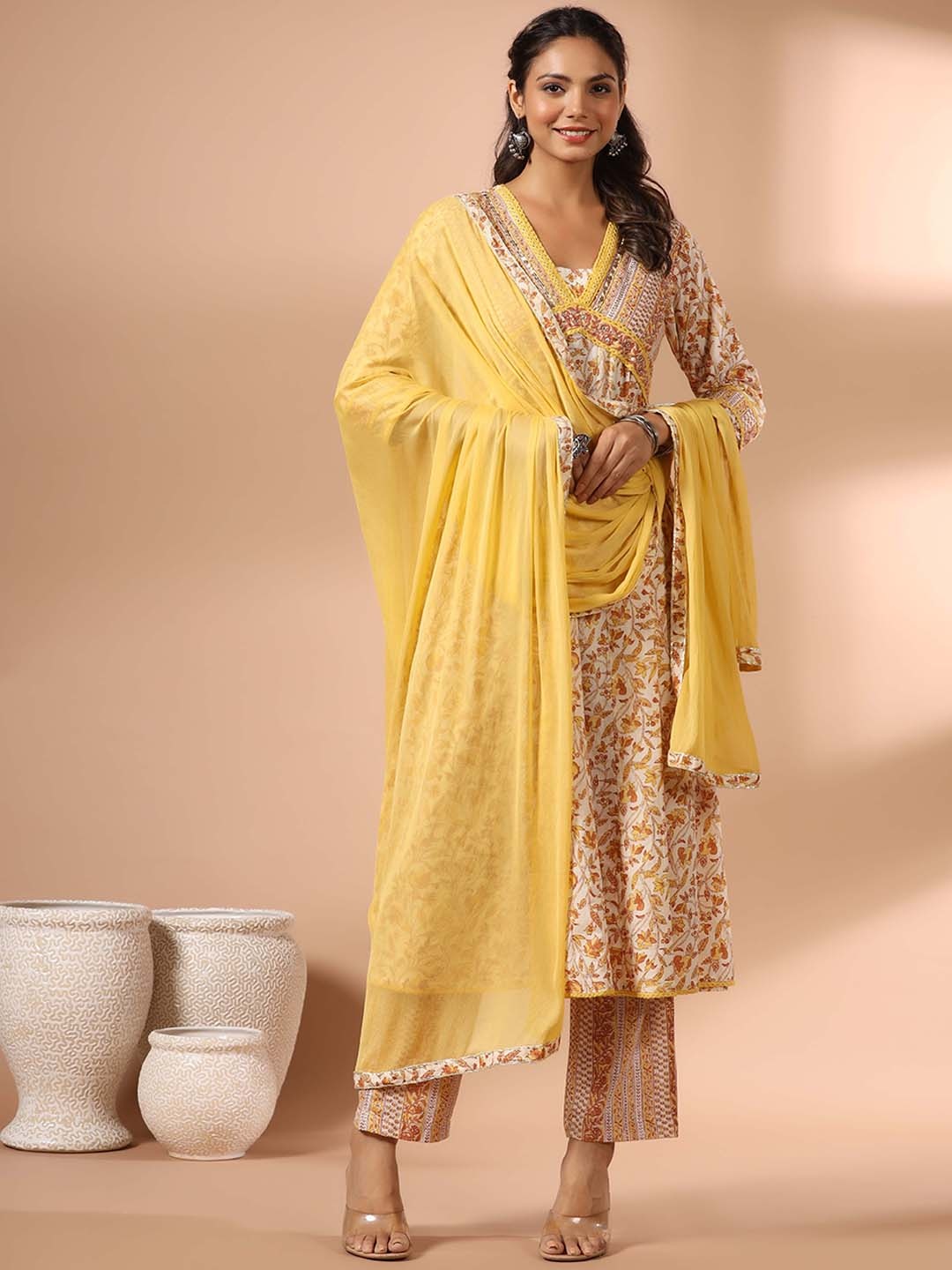 

Readiprint Floral Printed Empire Anarkali Kurta with Palazzos & Dupatta, Yellow
