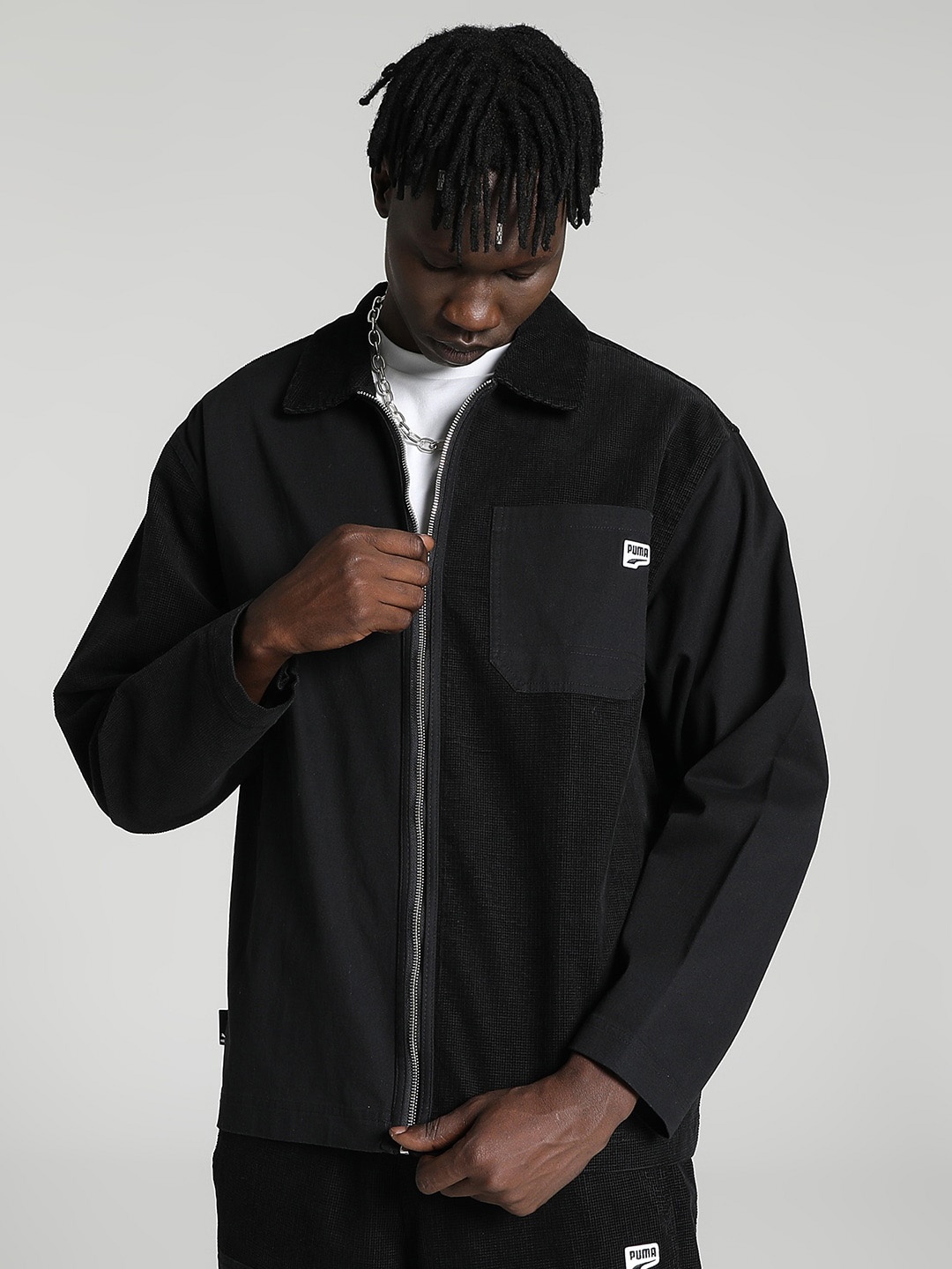 

Puma Men DOWNTOWN Corduroy Relaxed Boxy Casual Cotton Shirt, Black
