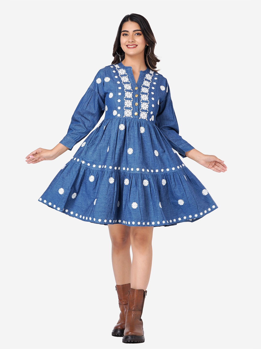 

SUMAVI-FASHION Floral Embroidered Organic Cotton Fit & Flare Dress, Blue