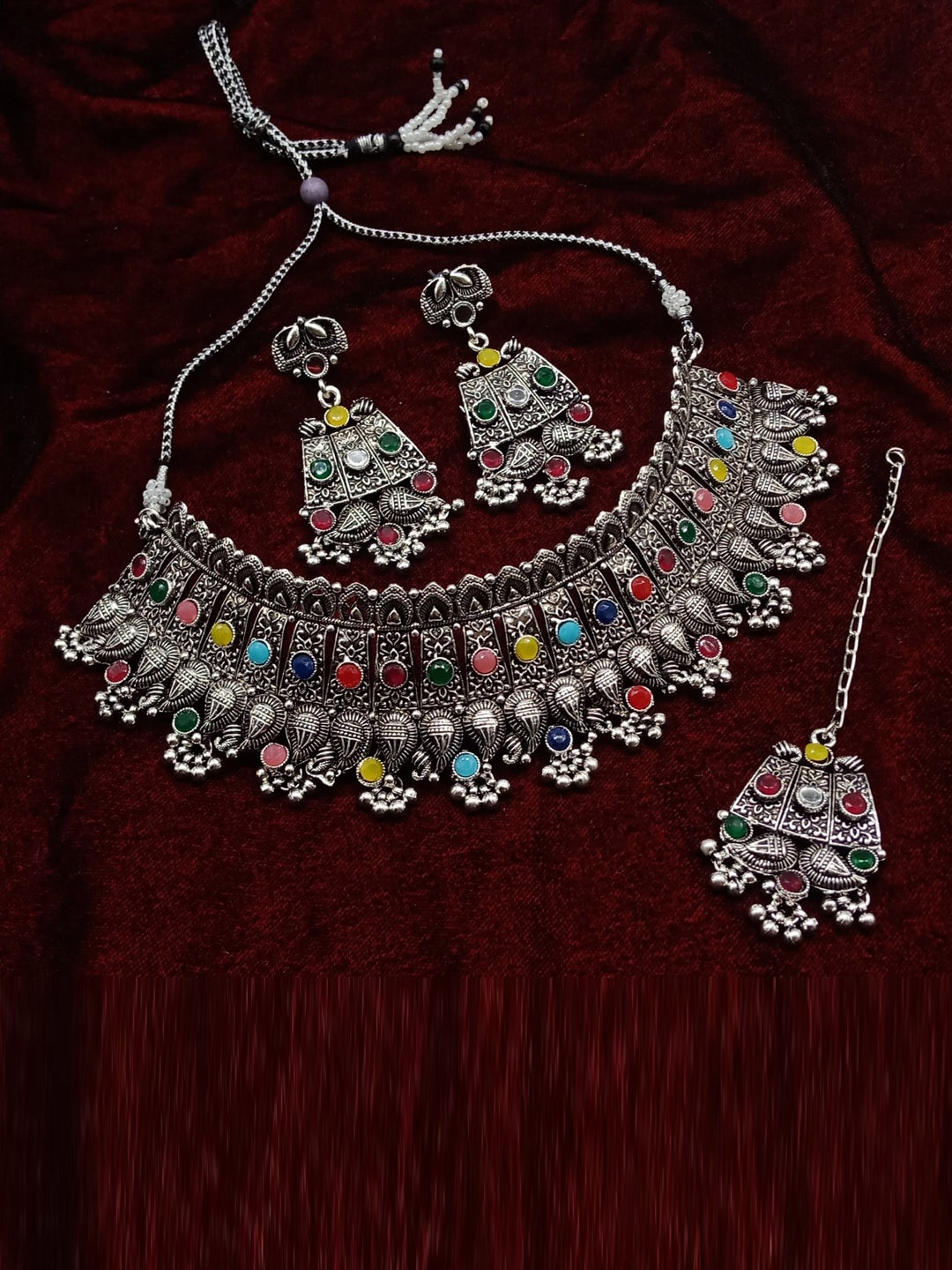 

AASHISH IMITATION Rhodium-Plated Kundan-Studded Jewellery Set, Silver