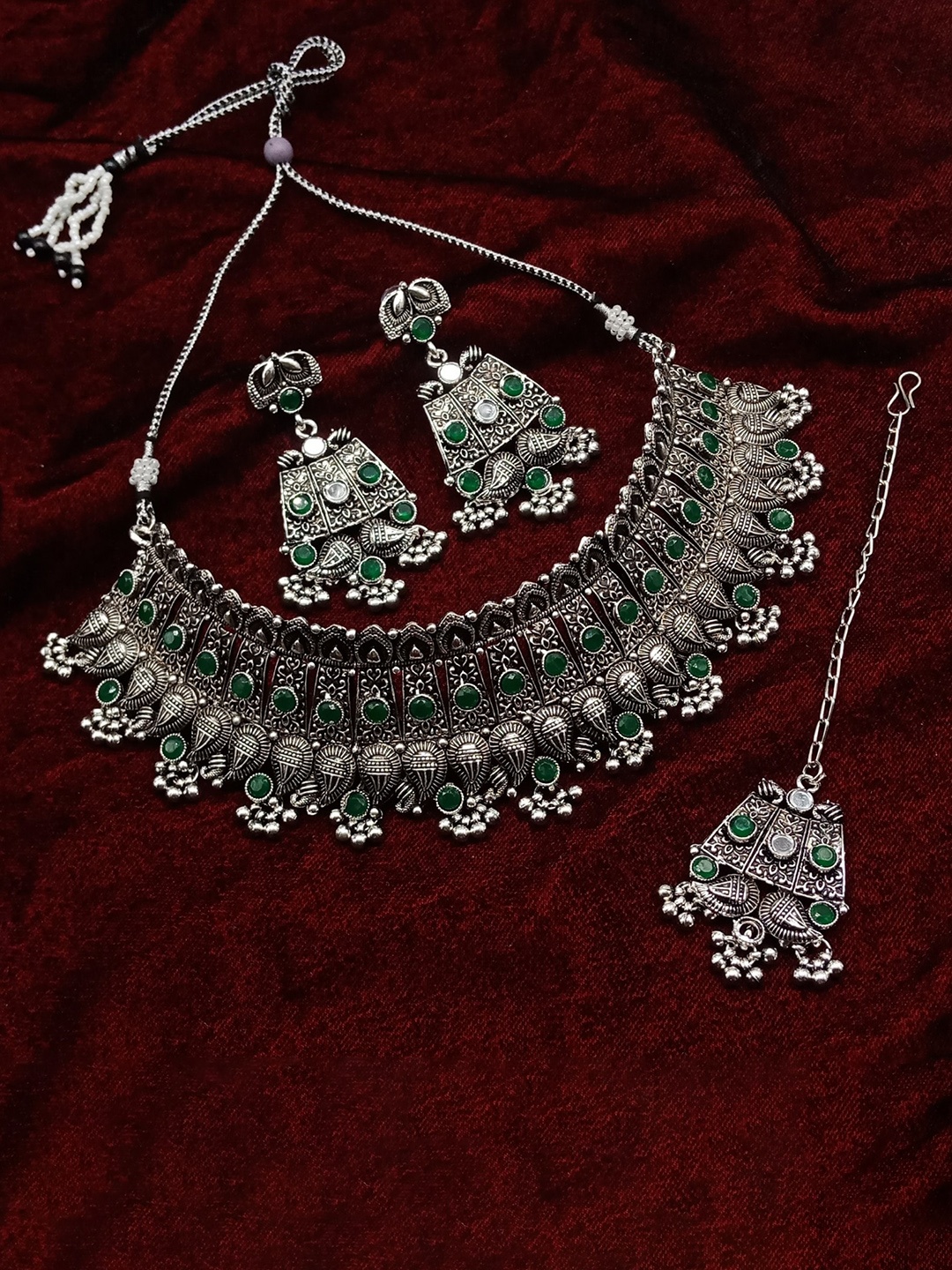 

AASHISH IMITATION Rhodium-Plated Kundan-Studded Necklace With Earrings And Maang Tika, Silver