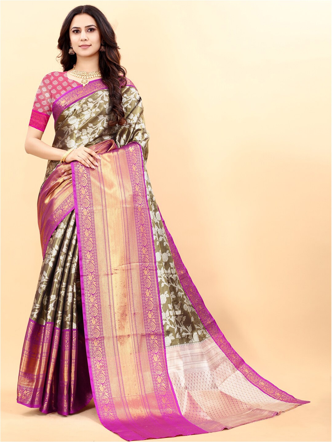 

JATRIQQ Brown & Pink Woven Design Zari Art Silk Kanjeevaram Saree