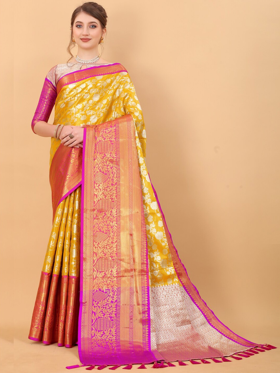 

JATRIQQ Woven Design Zari Kanjeevaram Saree, Yellow