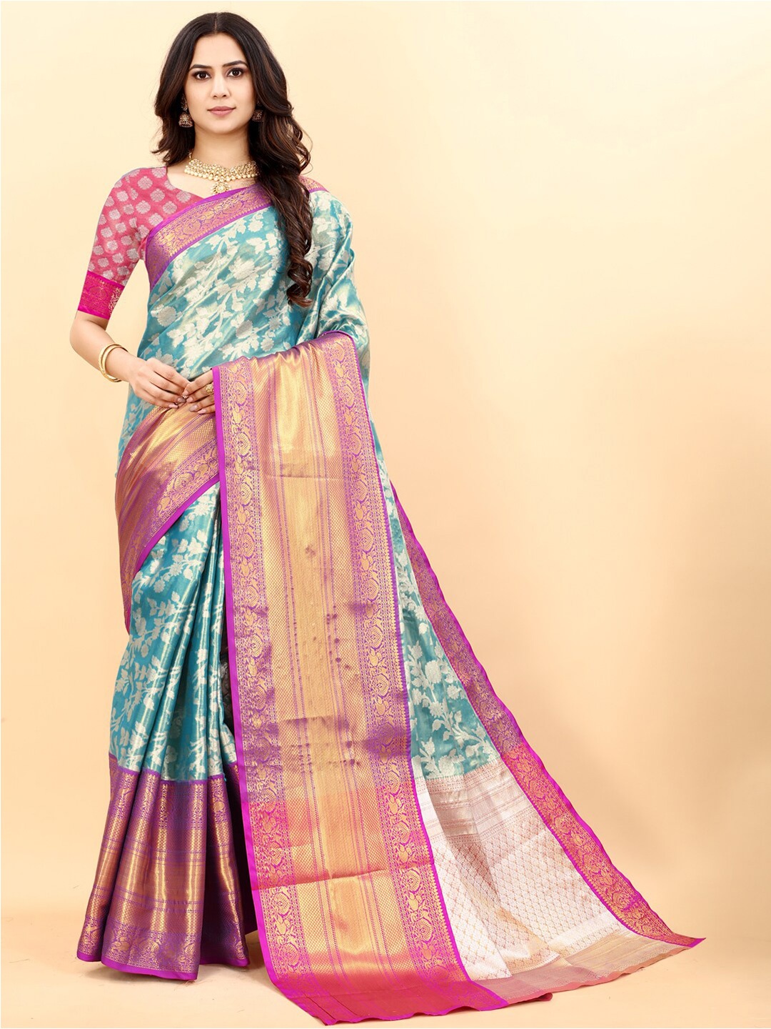 

JATRIQQ Woven Design Zari Kanjeevaram Saree, Blue