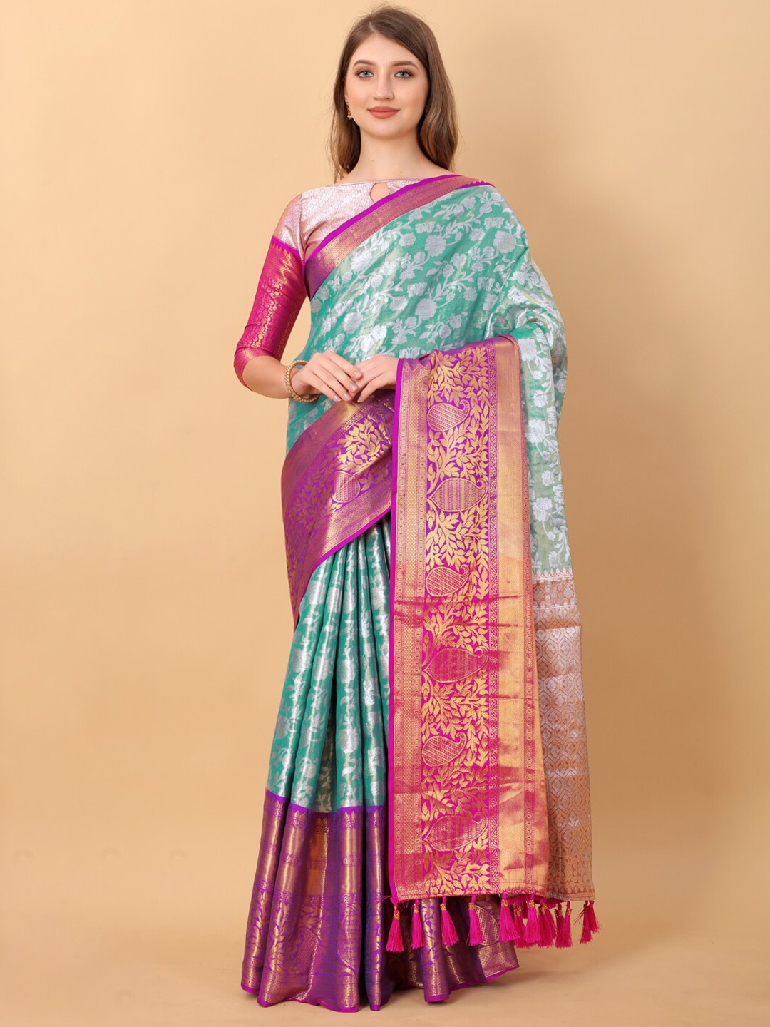 

JATRIQQ Woven Design Zari Art Silk Kanjeevaram Saree, Blue