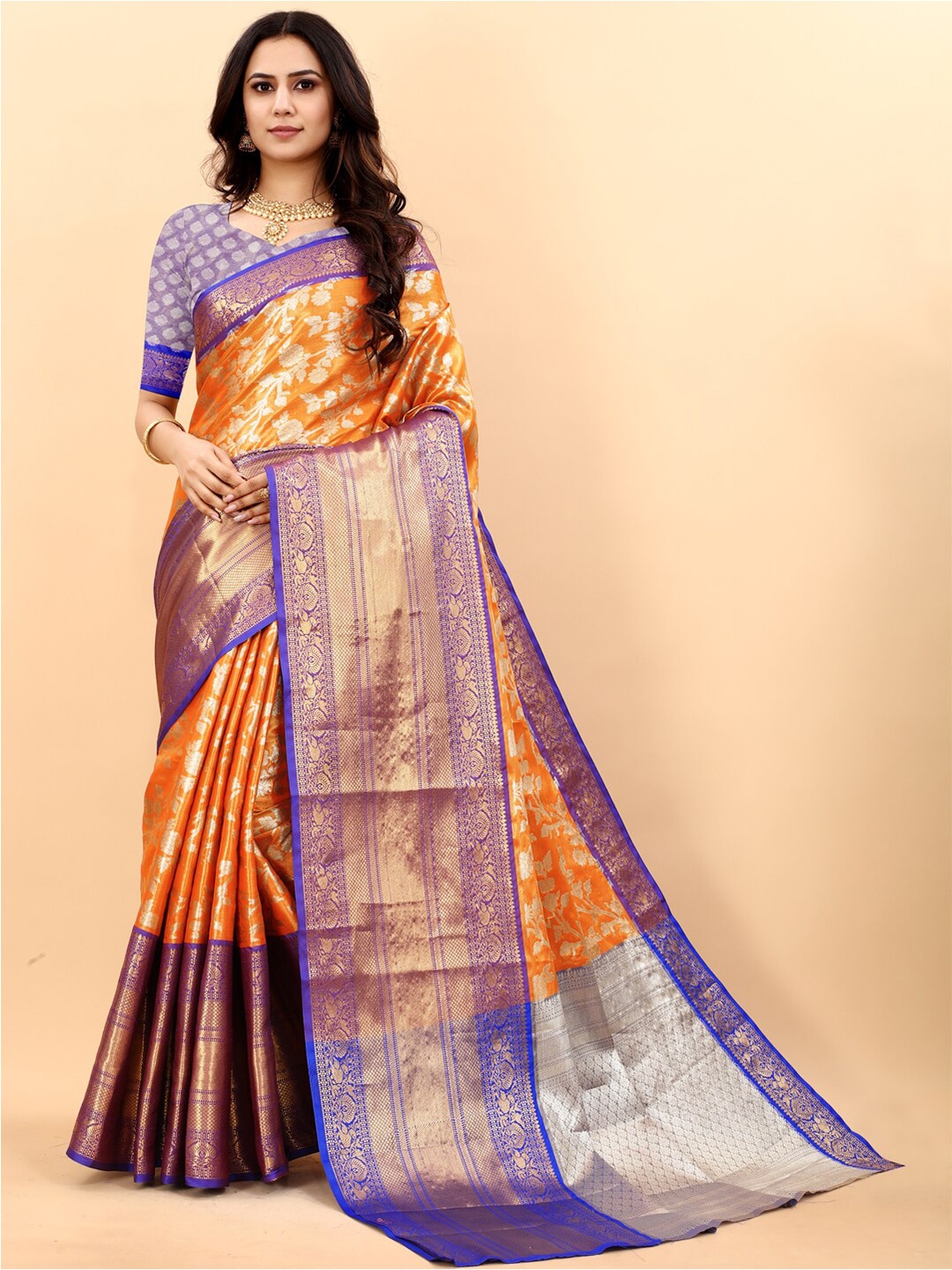 

JATRIQQ Woven Design Zari Kanjeevaram Saree, Orange