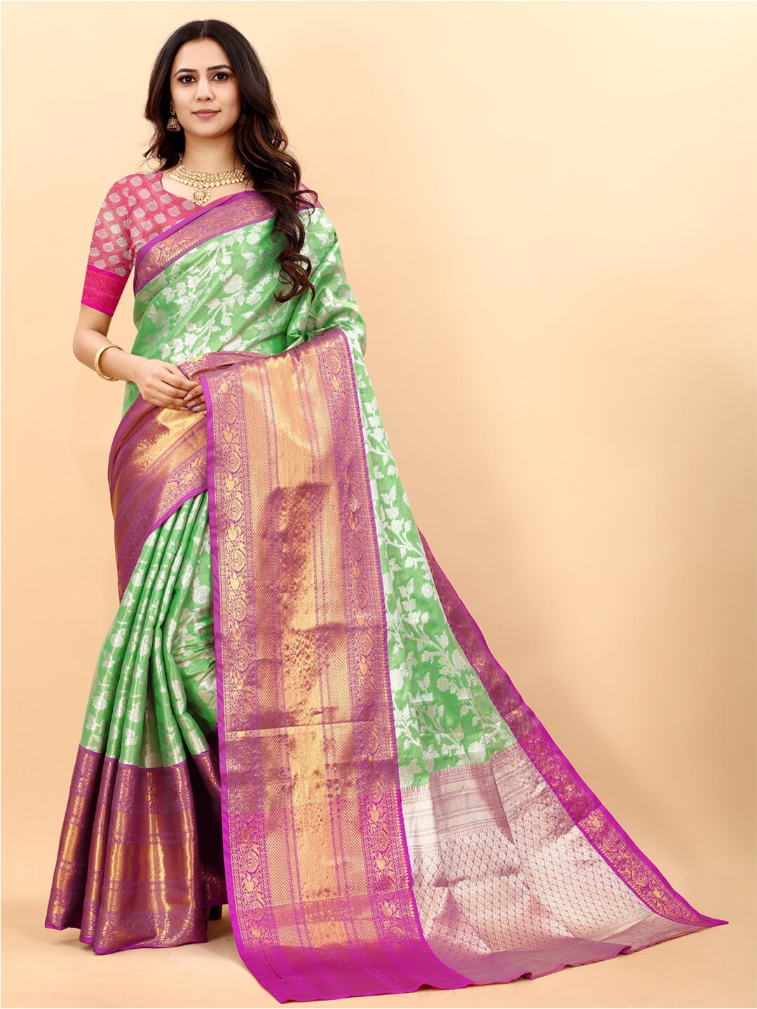 

JATRIQQ Green & Pink Woven Design Zari Art Silk Kanjeevaram Saree