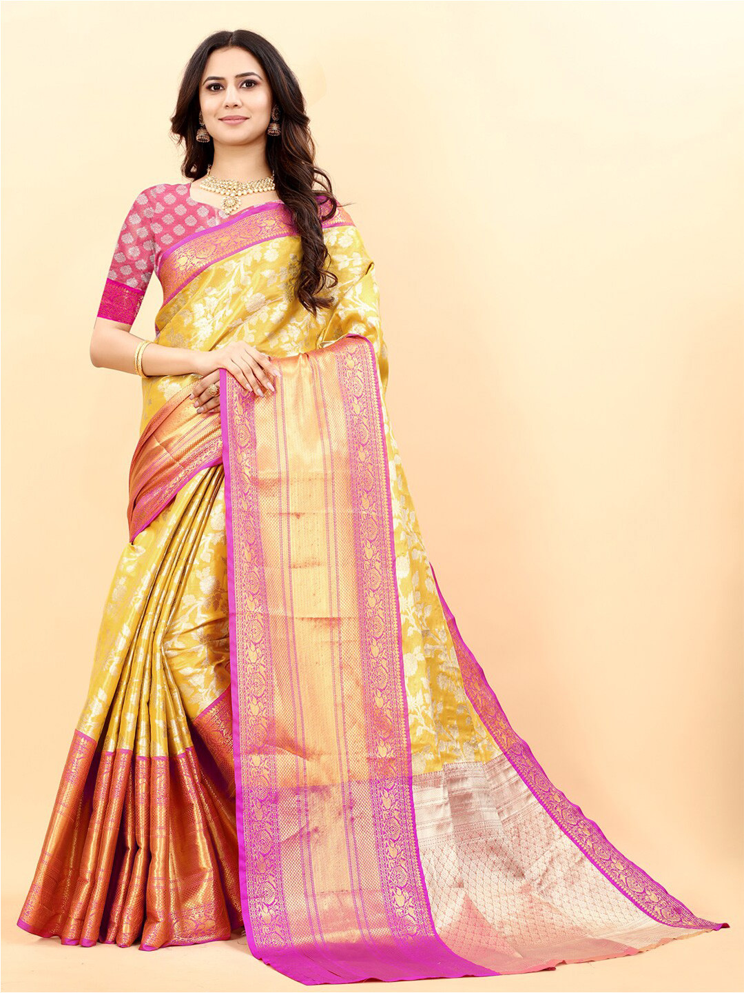 

JATRIQQ Floral Woven Design Zari Art Silk Kanjeevaram Saree, Yellow