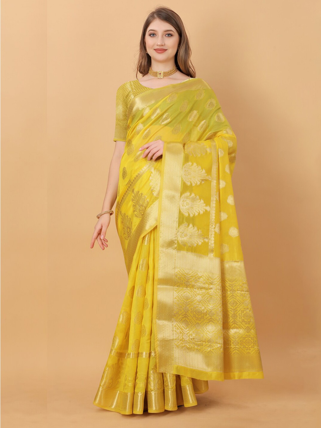 

JATRIQQ Woven Design Zari Organza Saree, Yellow