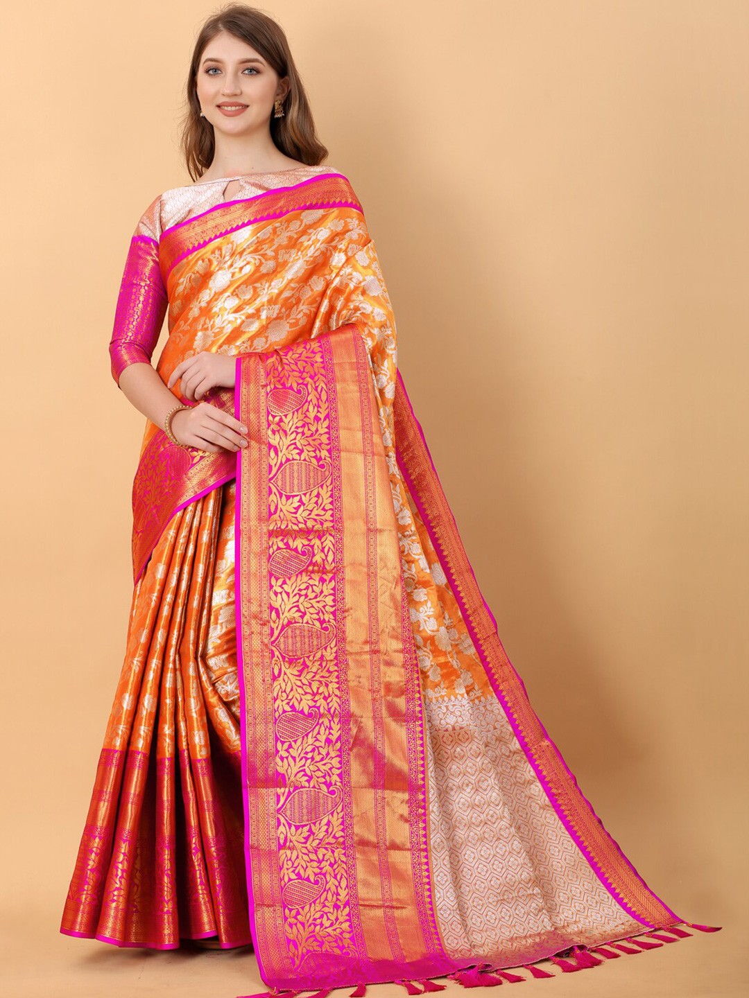 

JATRIQQ Woven Design Zari Kanjeevaram Saree, Orange