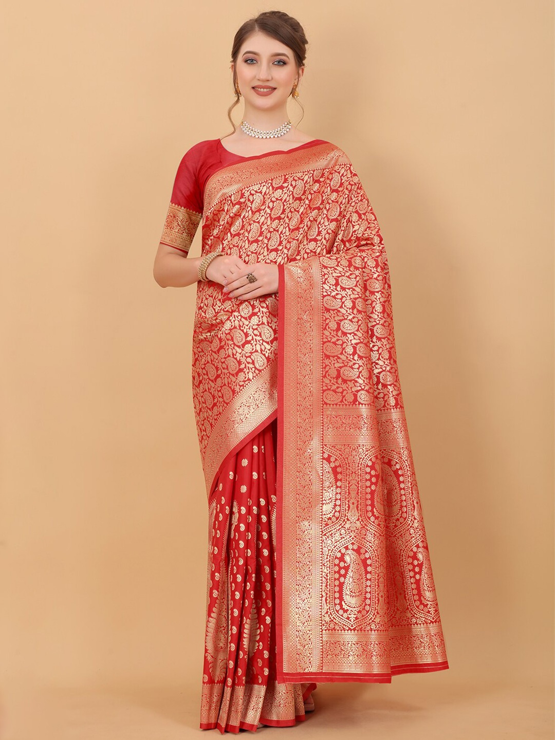 

JATRIQQ Ethnic Motifs Woven Design Zari Art Silk Kanjeevaram Saree, Red