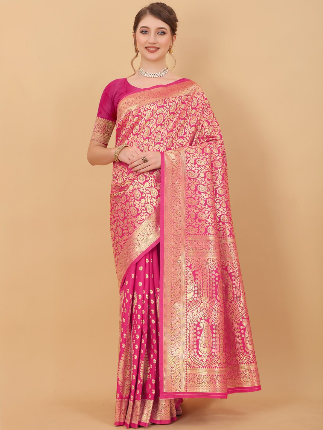 

JATRIQQ Woven Design Zari Kanjeevaram Saree, Pink