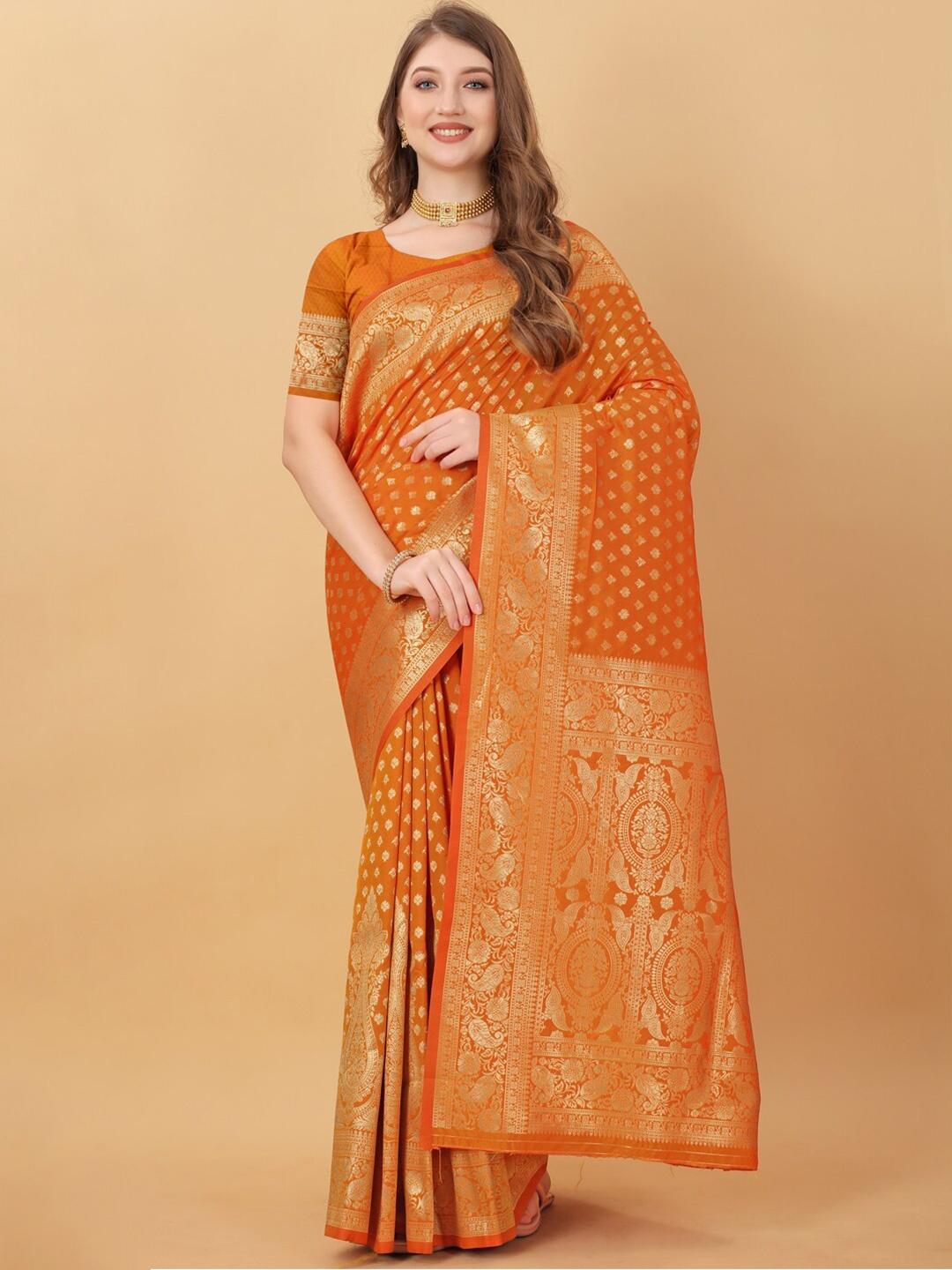 

JATRIQQ Woven Design Zari Kanjeevaram Saree, Orange