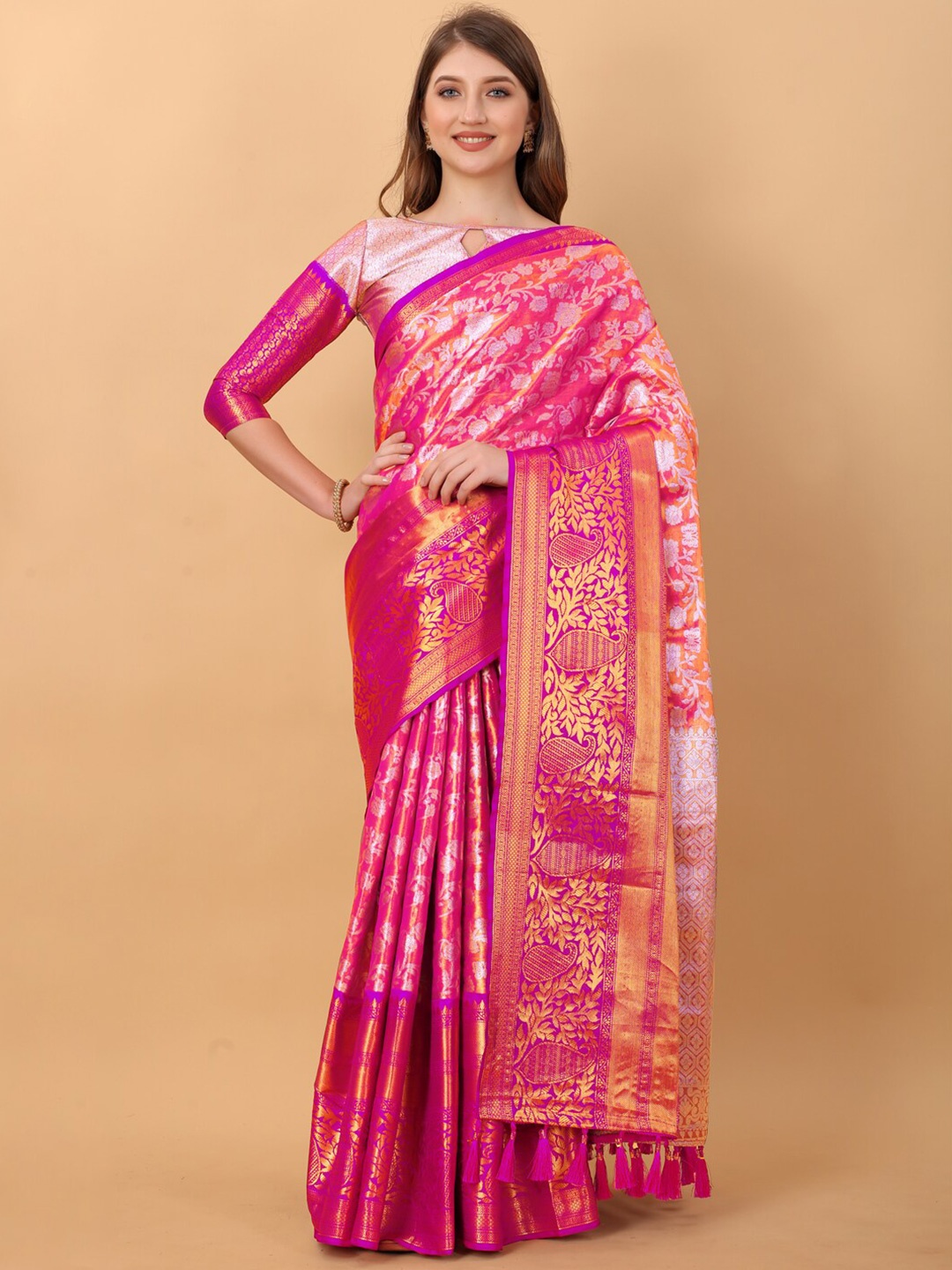 

JATRIQQ Woven Design Zari Kanjeevaram Saree, Pink