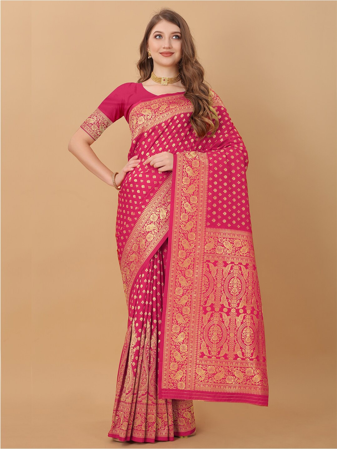 

JATRIQQ Woven Design Zari Kanjeevaram Saree, Pink