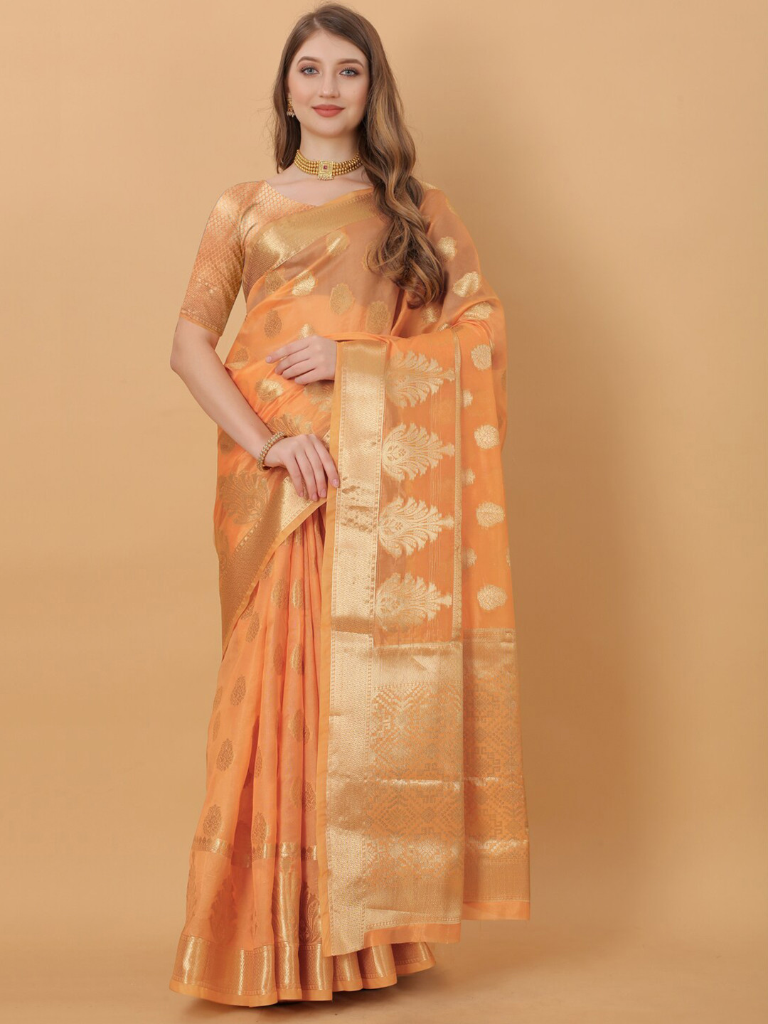 

JATRIQQ Ethnic Motifs Woven Design Zari Organza Saree, Orange