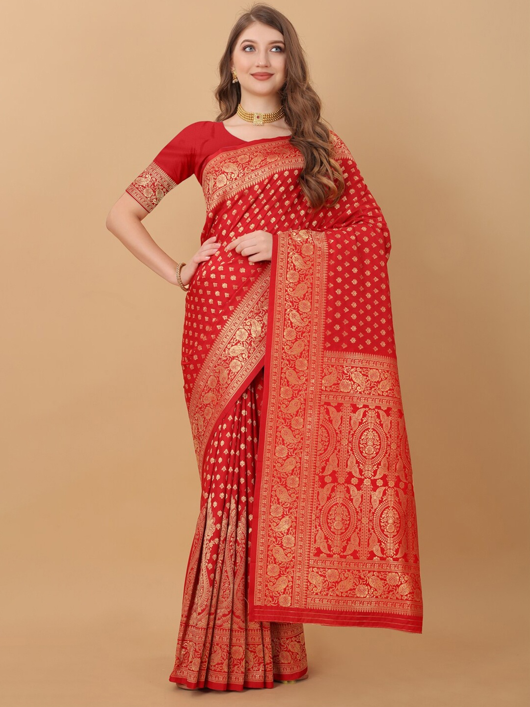 

JATRIQQ Ethnic Motifs Woven Design Zari Art Silk Kanjeevaram Saree, Red