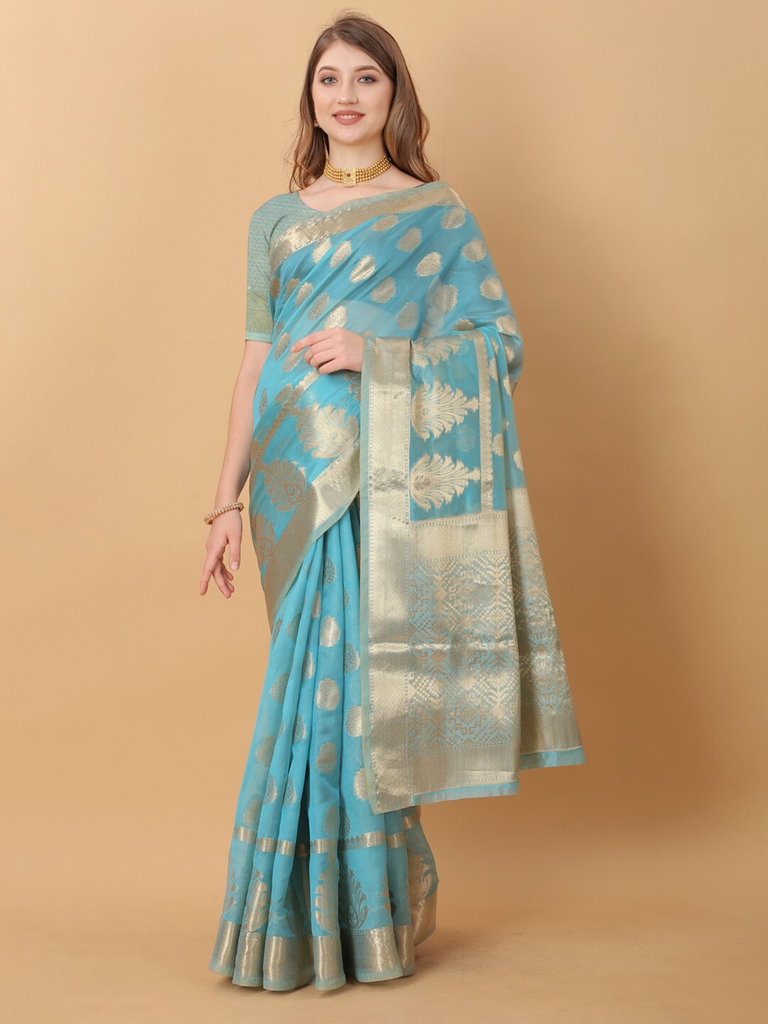 

JATRIQQ Ethnic Motifs Woven Design Zari Organza Saree, Blue