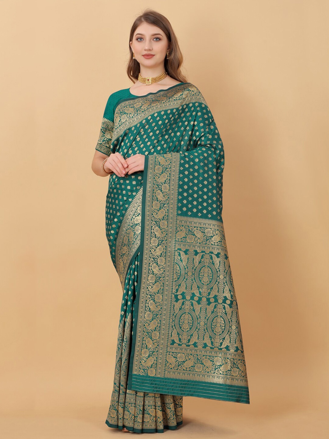 

JATRIQQ Ethnic Motifs Woven Design Zari Art Silk Kanjeevaram Saree, Teal