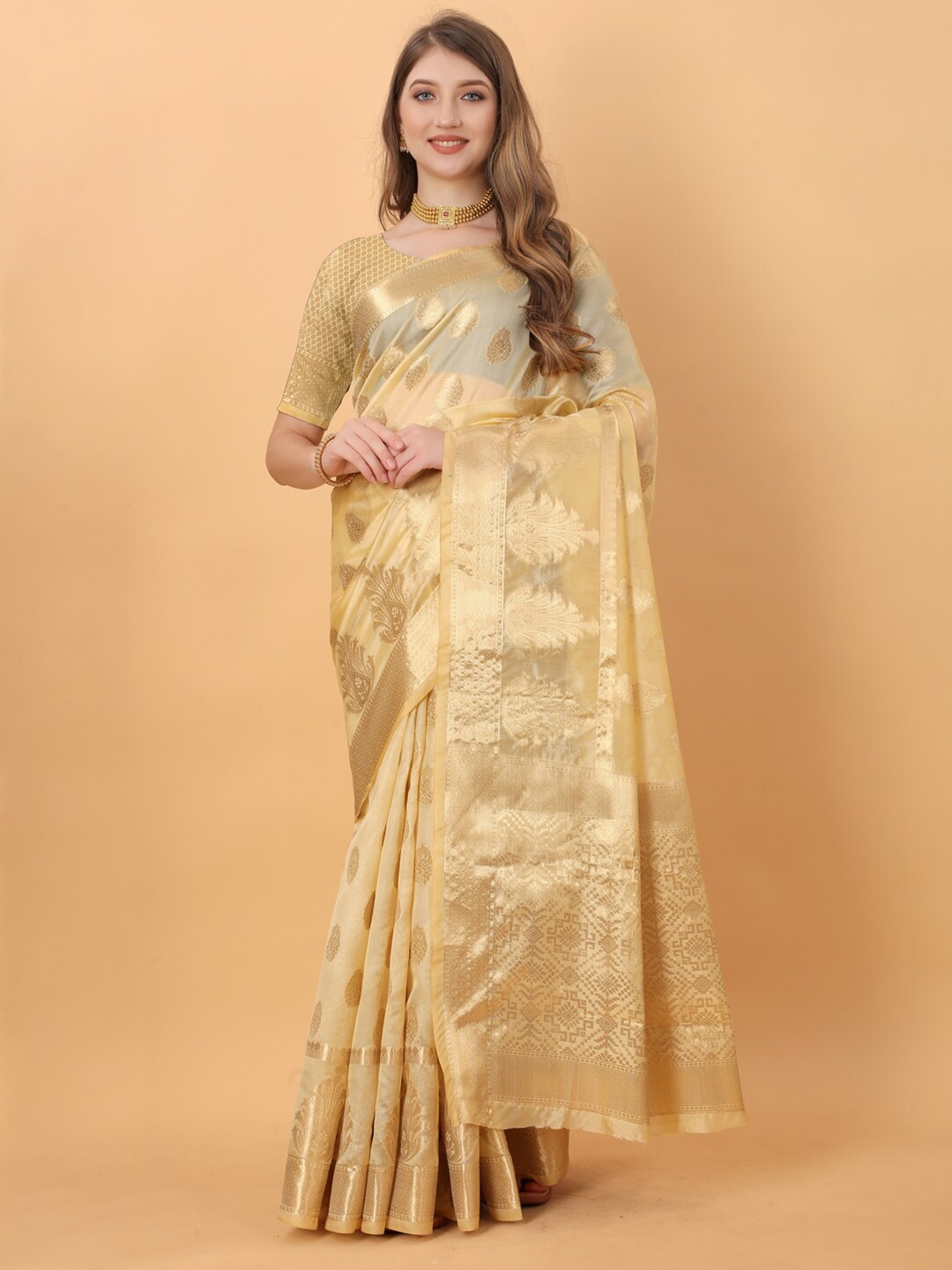 

JATRIQQ Ethnic Motifs Woven Design Zari Organza Saree, Cream