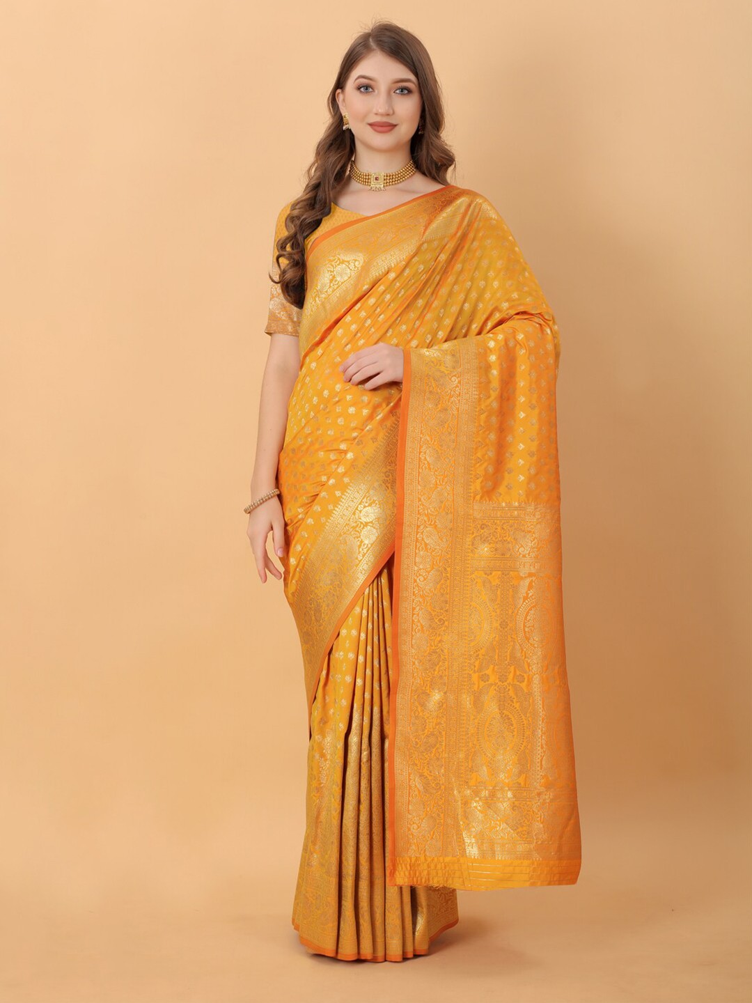 

JATRIQQ Ethnic Motifs Woven Design Zari Art Silk Kanjeevaram Saree, Yellow