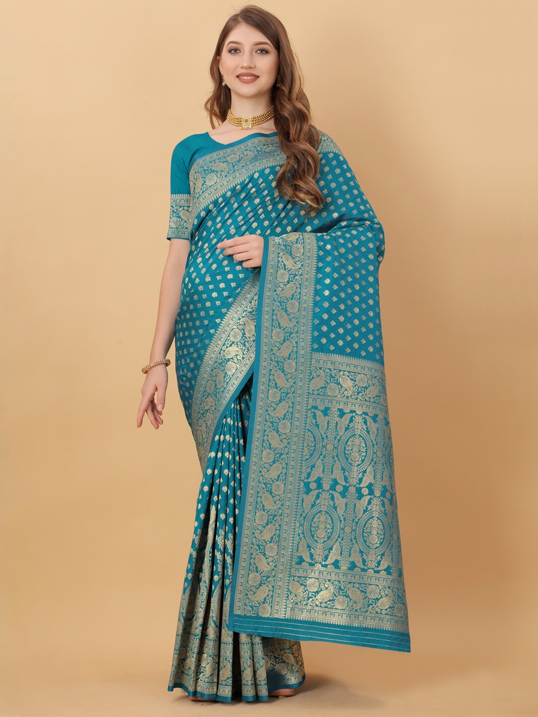 

JATRIQQ Ethnic Motifs Woven Design Zari Art Silk Kanjeevaram Saree, Blue