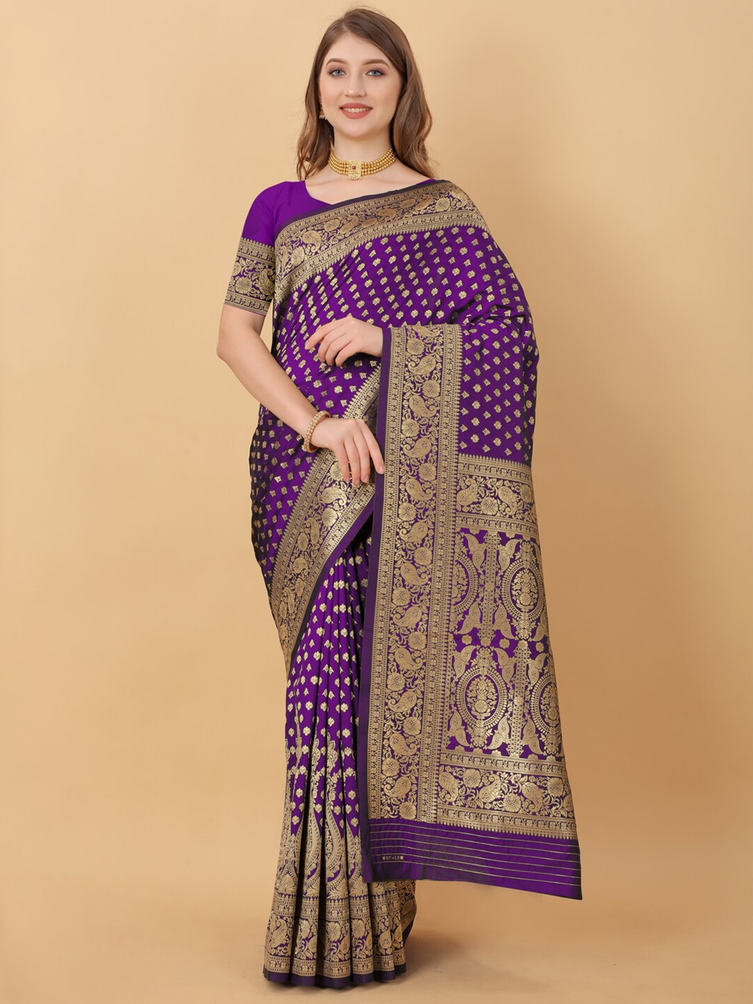 

JATRIQQ Ethnic Motifs Woven Design Zari Art Silk Kanjeevaram Saree, Purple
