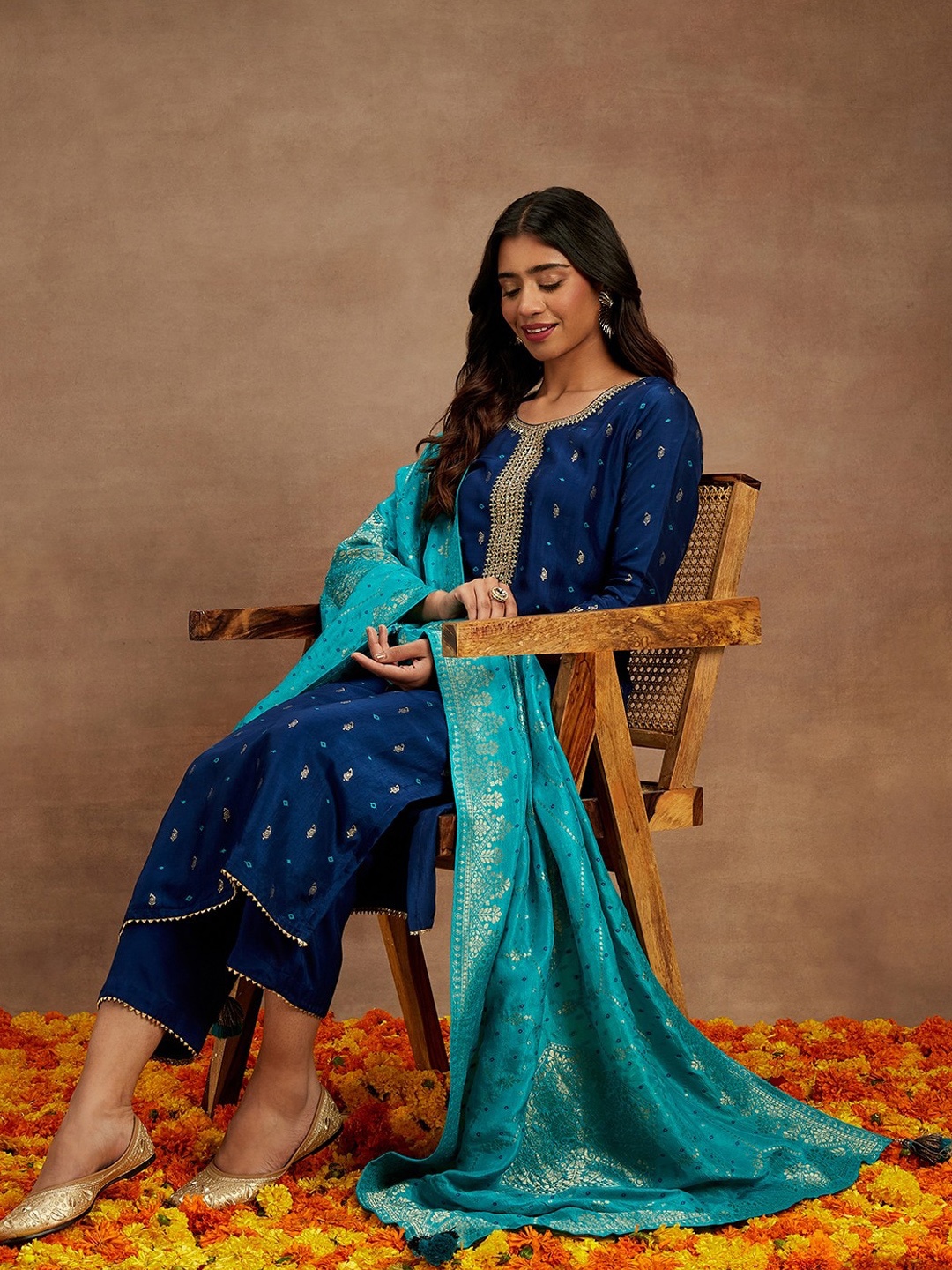 

Libas Ethnic Motifs Woven Design Thread Work Detail Straight Kurta & Trousers With Dupatta, Blue