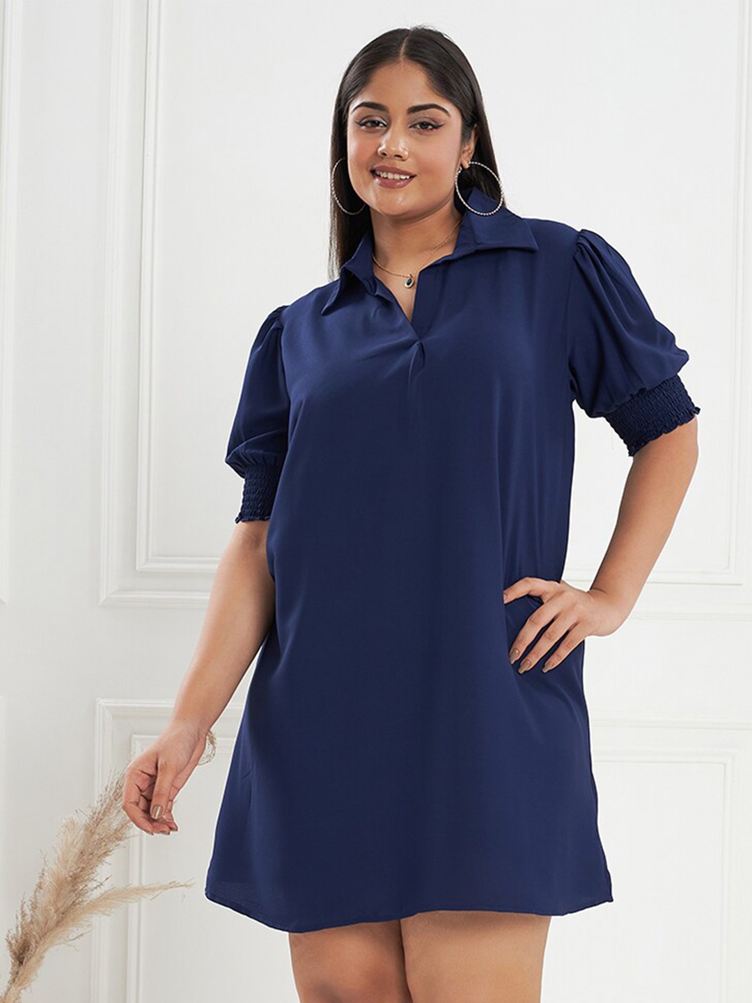 

CURVE BY KASSUALLY Blue Shirt Collar Puff Sleeves A-Line Dress