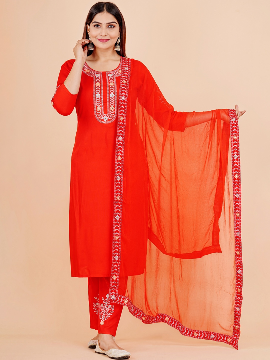 

KALINI Floral Yoke Design Thread Work Kurta & Trousers With Dupatta, Red