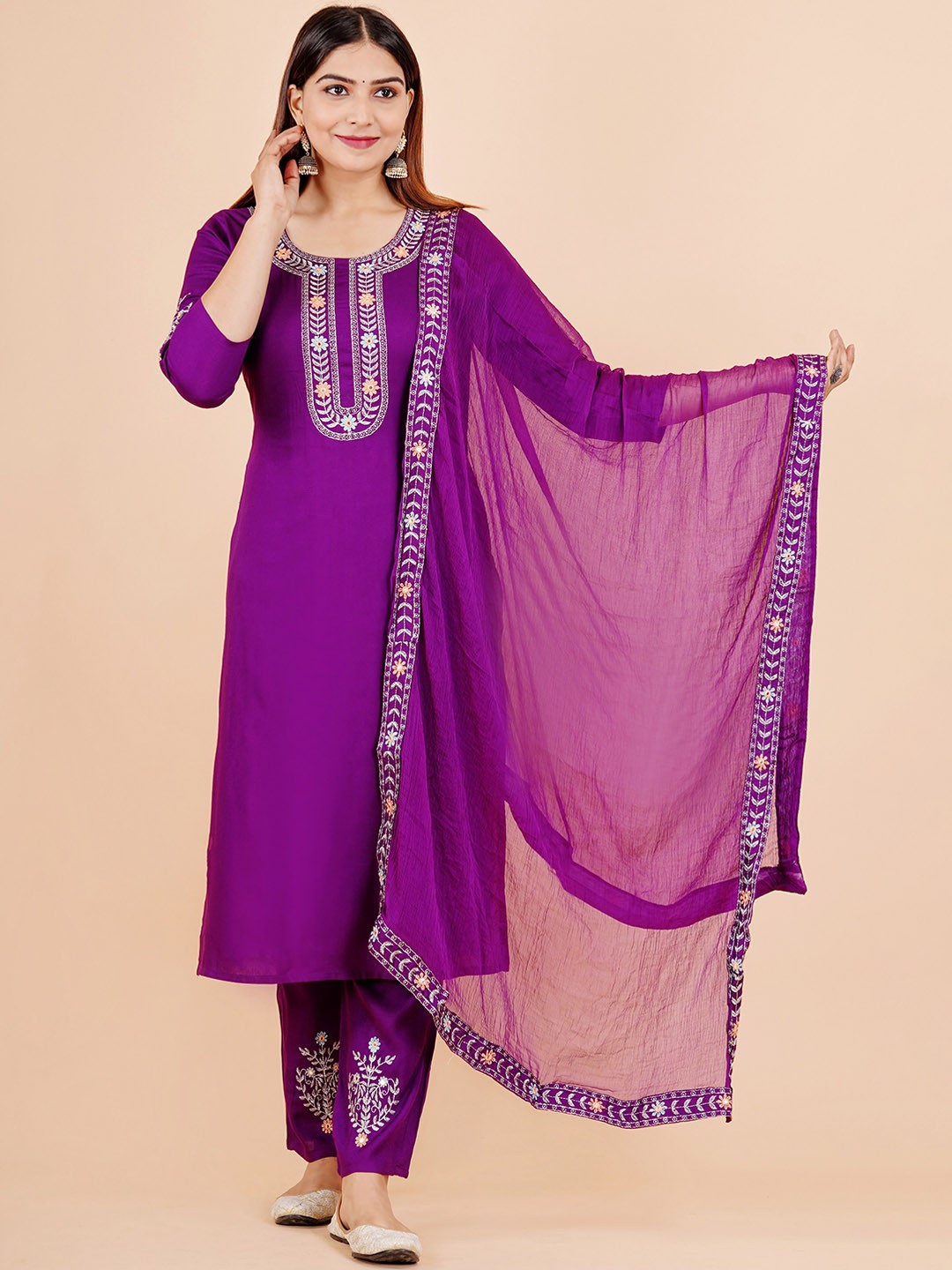 

KALINI Floral Yoke Design Thread Work Kurta & Trousers With Dupatta, Purple