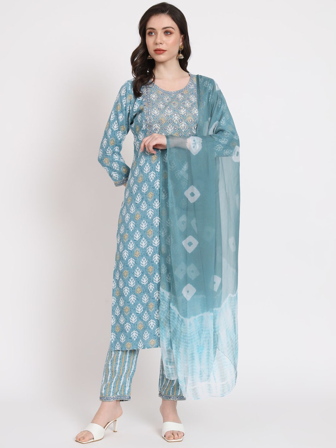 

KALINI Floral Printed Kurta & Trousers With Dupatta, Blue