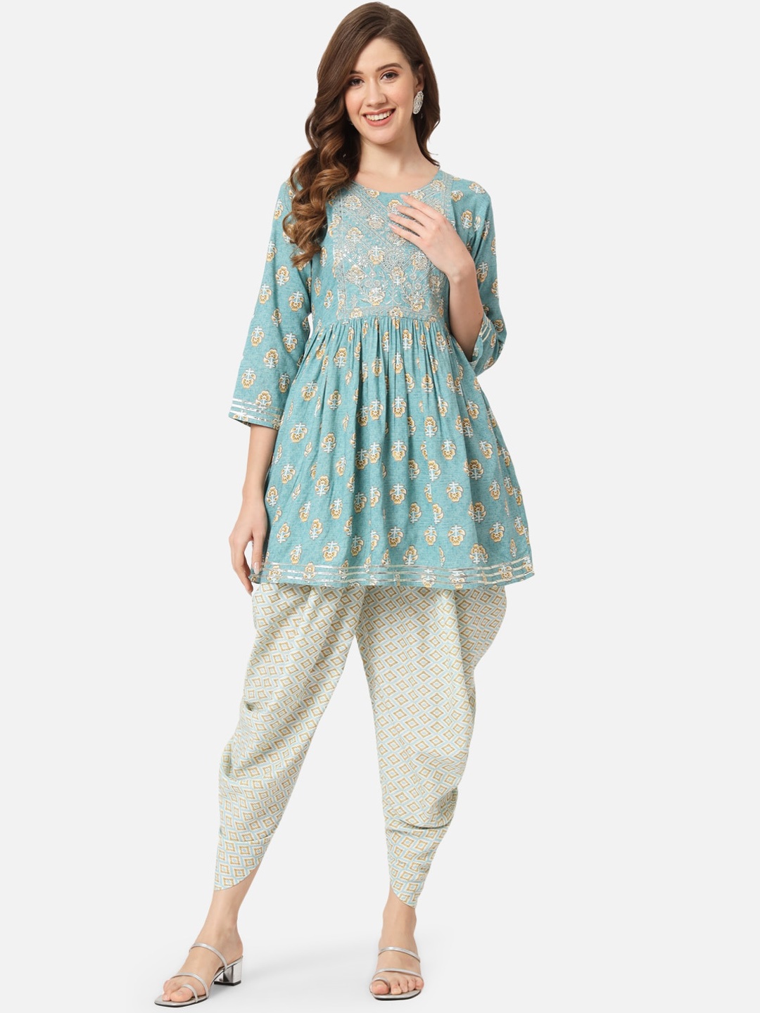 

KALINI Floral Printed Empire Kurta With Dhoti Pants, Blue