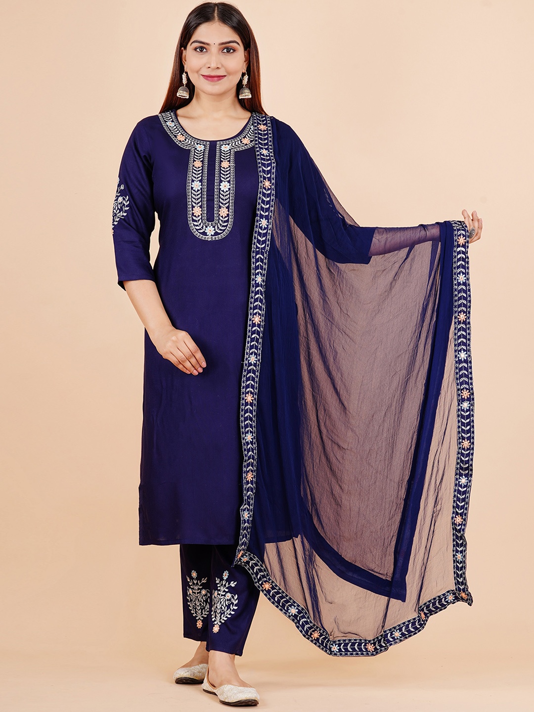 

KALINI Floral Embroidered Thread Work Kurta With Trousers & Dupatta, Navy blue