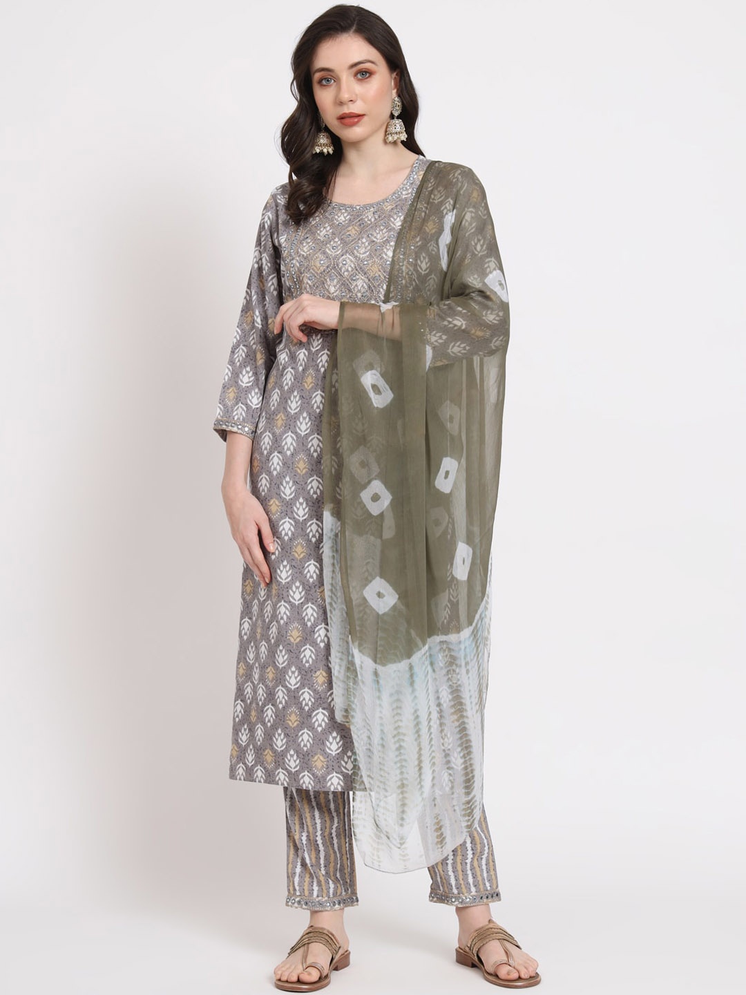 

KALINI Floral Printed Mirror Work Kurta With Trousers & Dupatta, Grey